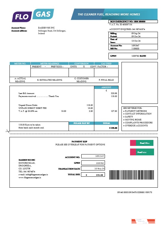 Ireland Flogas Natural Gas business utility bill template in Word and PDF formats